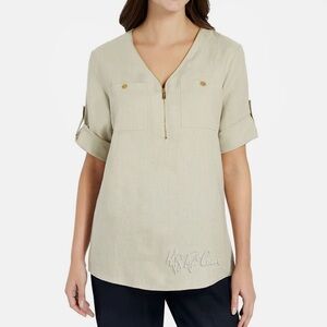 Ellen Tracy Tan 100%linen Tunic Top Relaxed Fit
